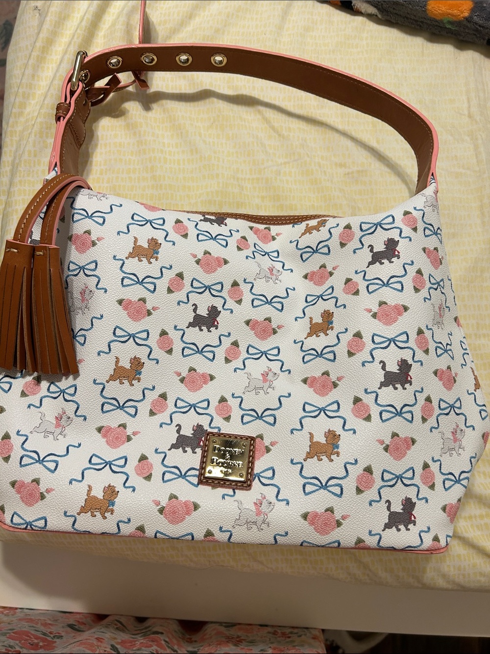 Dooney & Bourke White Bag with Pink Trim and Brown Strap